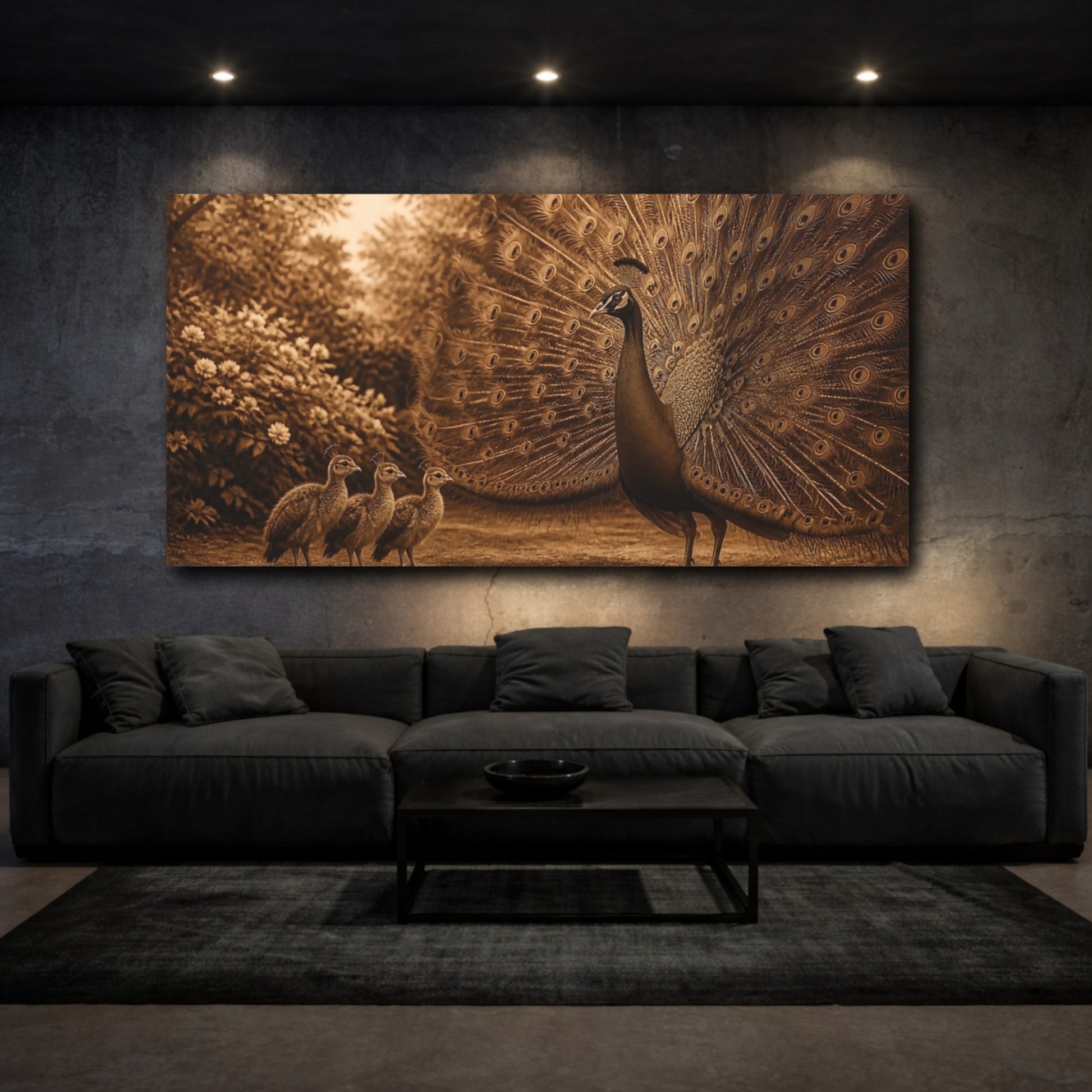 Mockup 3. Sepia Peacock With Chicks shown as canvas print