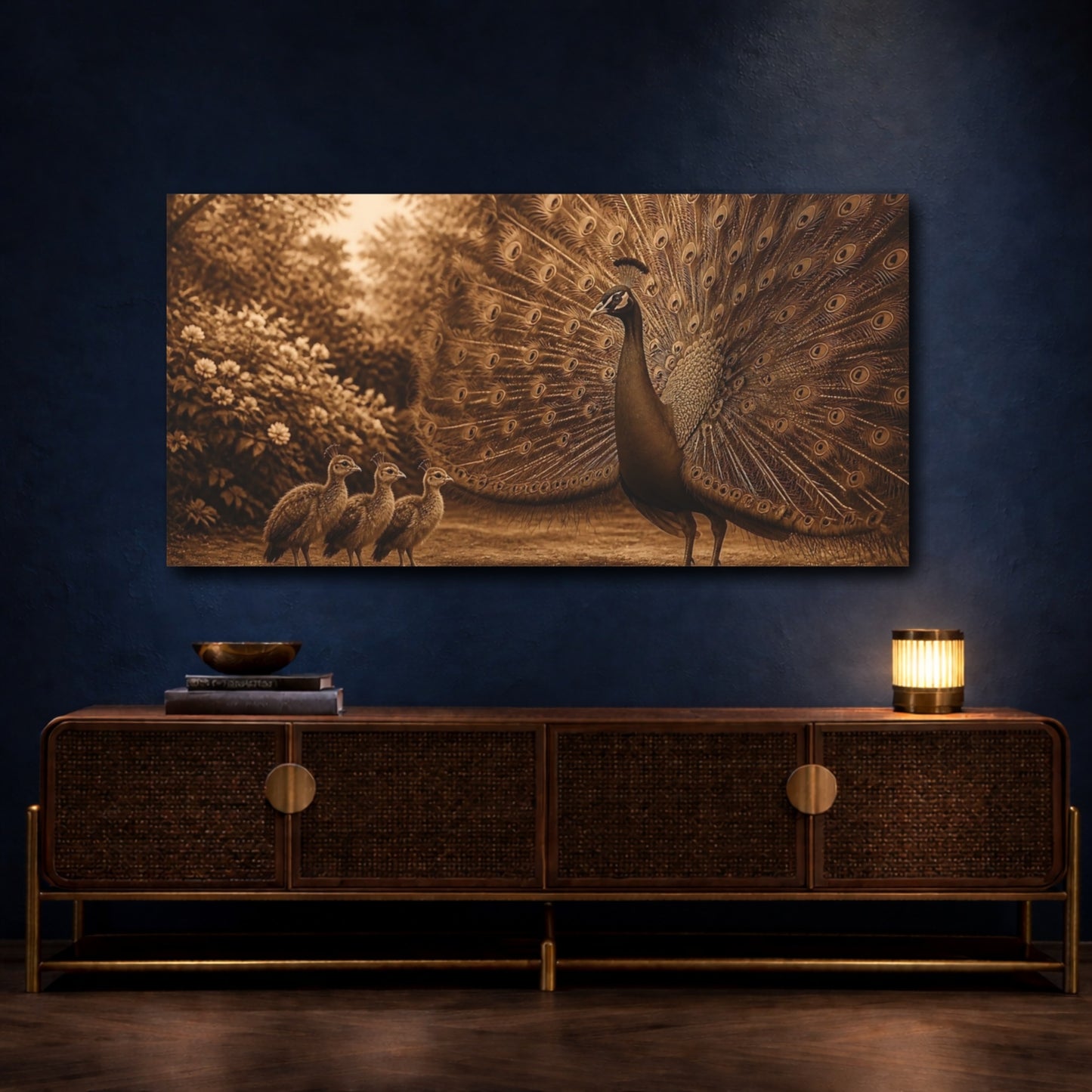 Mockup 4. Sepia Peacock With Chicks shown as canvas print
