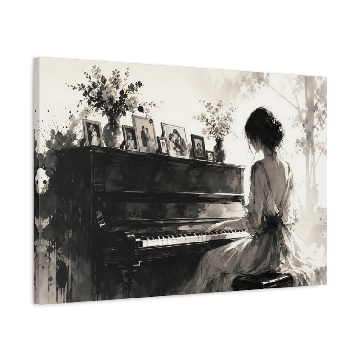 Side Mockup 2. Sepia Piano Serenade shown as canvas print