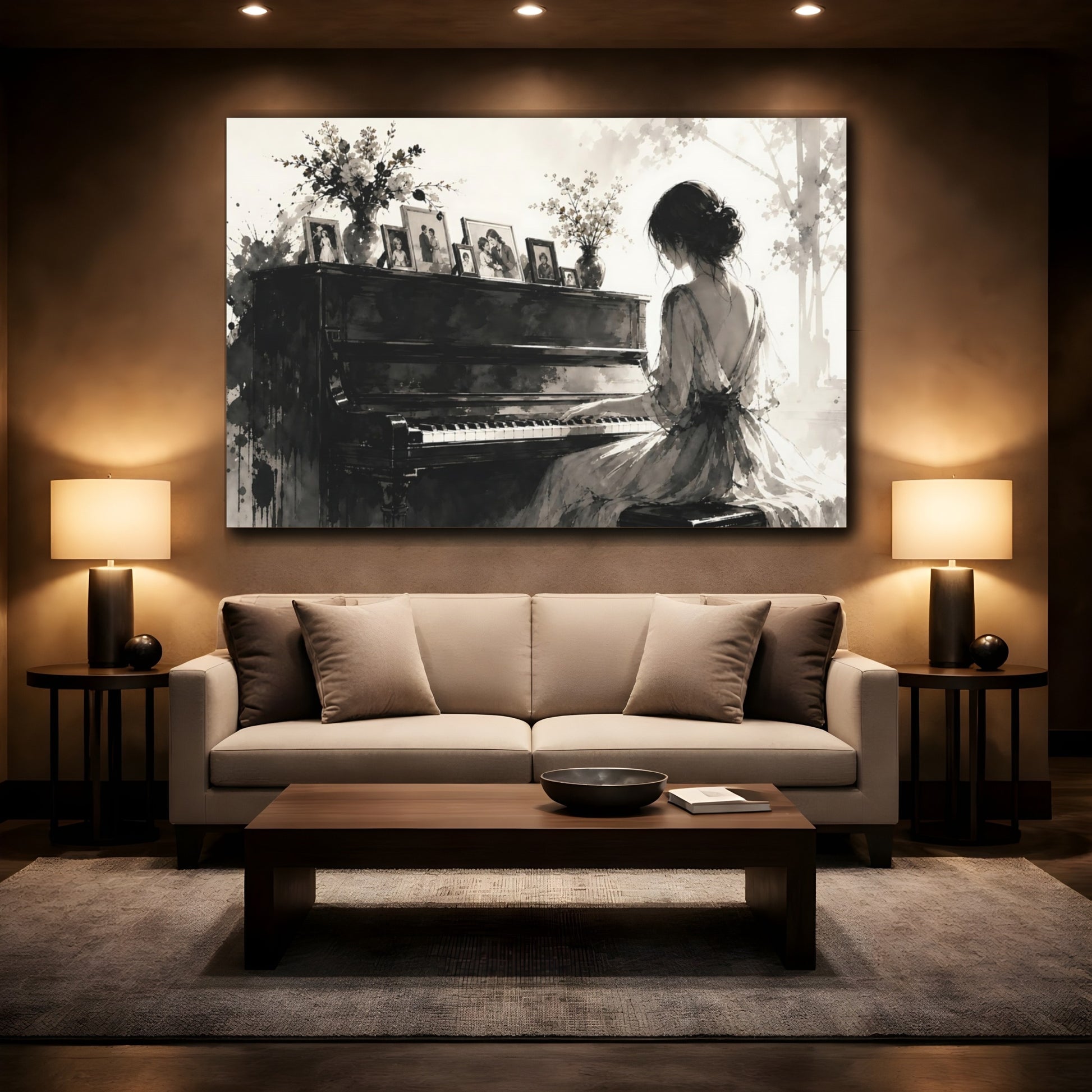 Mockup 2. Sepia Piano Serenade shown as canvas print