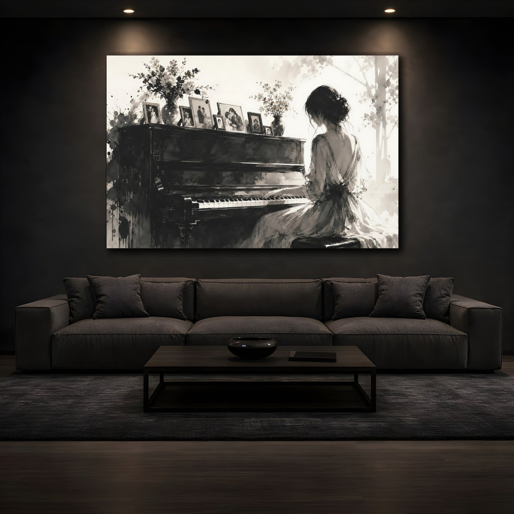 Mockup 3. Sepia Piano Serenade shown as canvas print