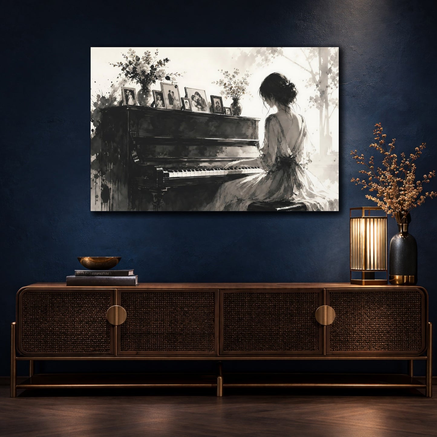 Mockup 4. Sepia Piano Serenade shown as canvas print