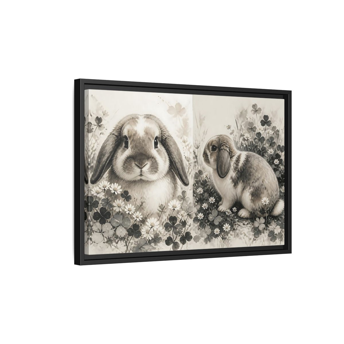 Side Mockup 3. Sepia Rabbit In Clover shown as framed canvas print