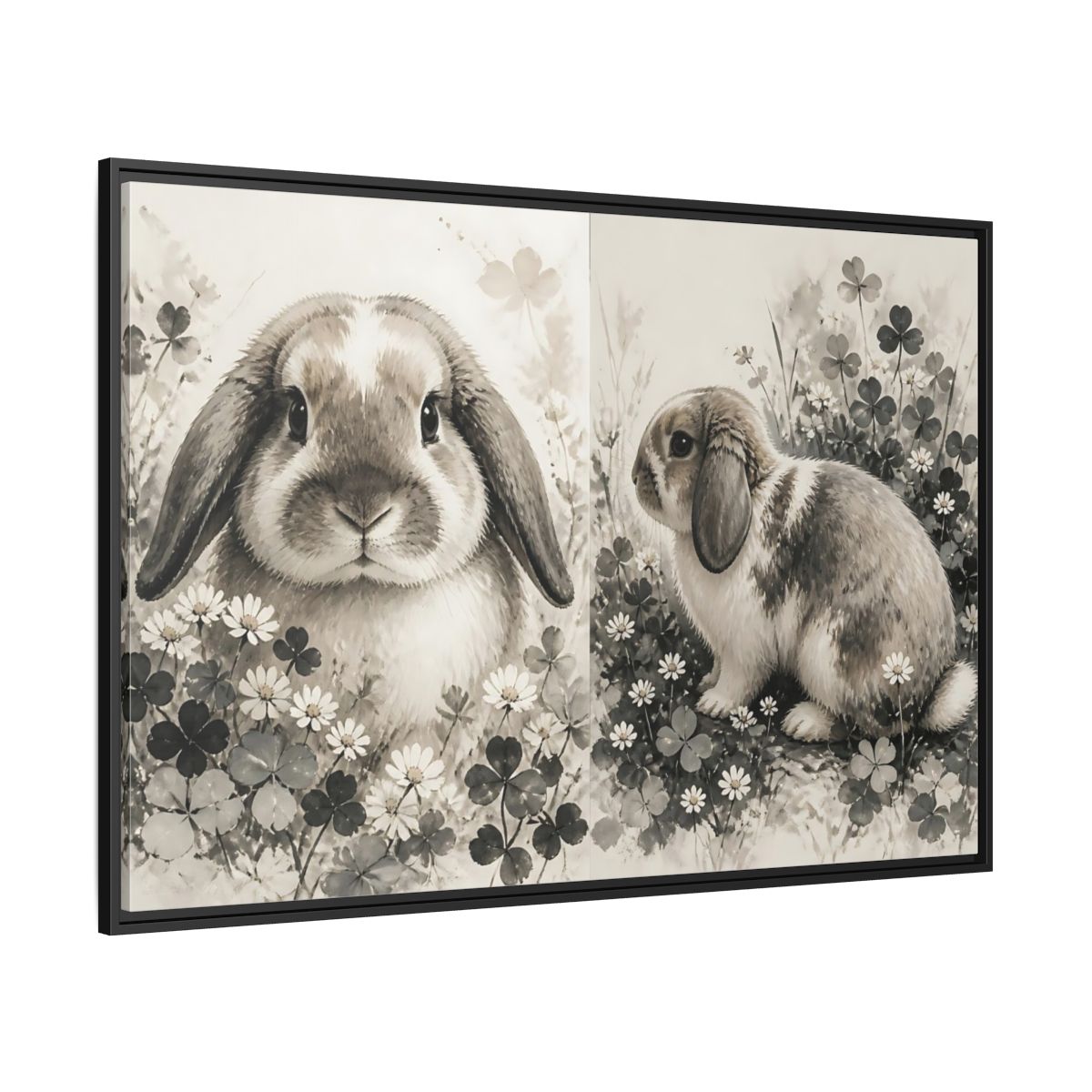 Side Mockup 12. Sepia Rabbit In Clover shown as framed canvas print