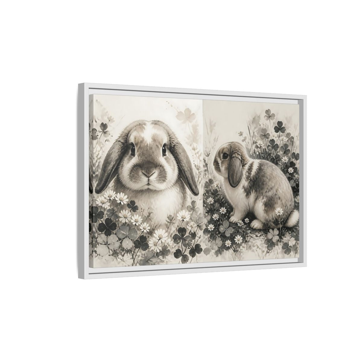 Side Mockup 1. Sepia Rabbit In Clover shown as framed canvas print