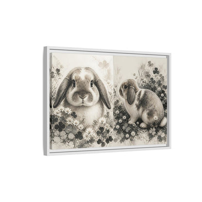 Side Mockup 1. Sepia Rabbit In Clover shown as framed canvas print
