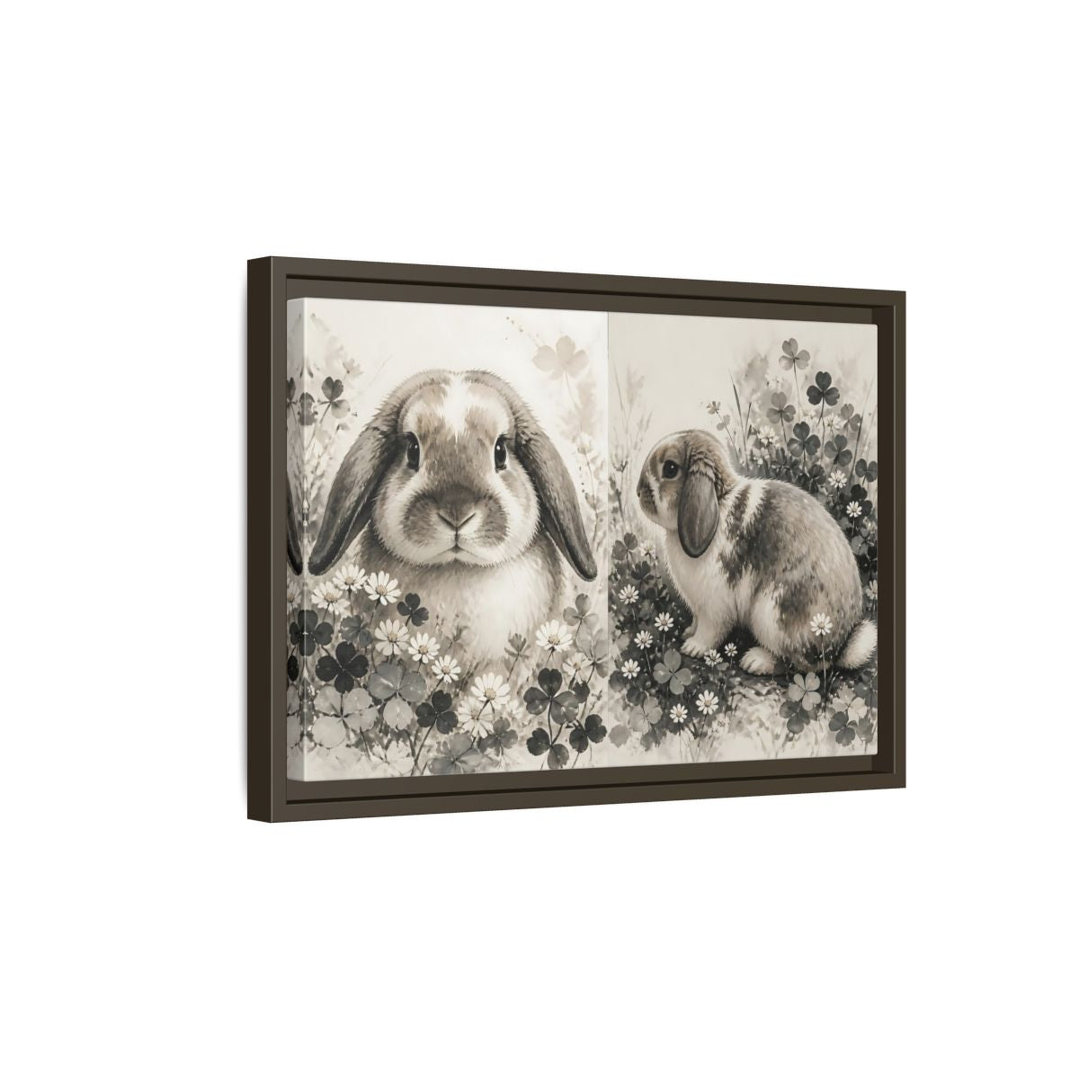 Side Mockup 5. Sepia Rabbit In Clover shown as framed canvas print