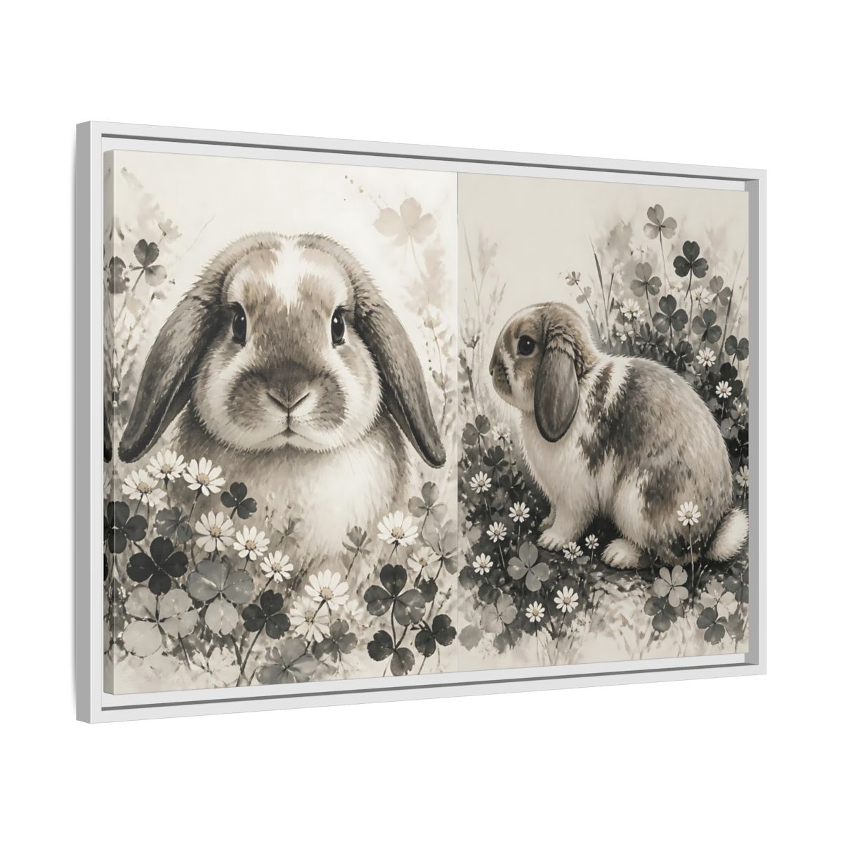 Side Mockup 10. Sepia Rabbit In Clover shown as framed canvas print