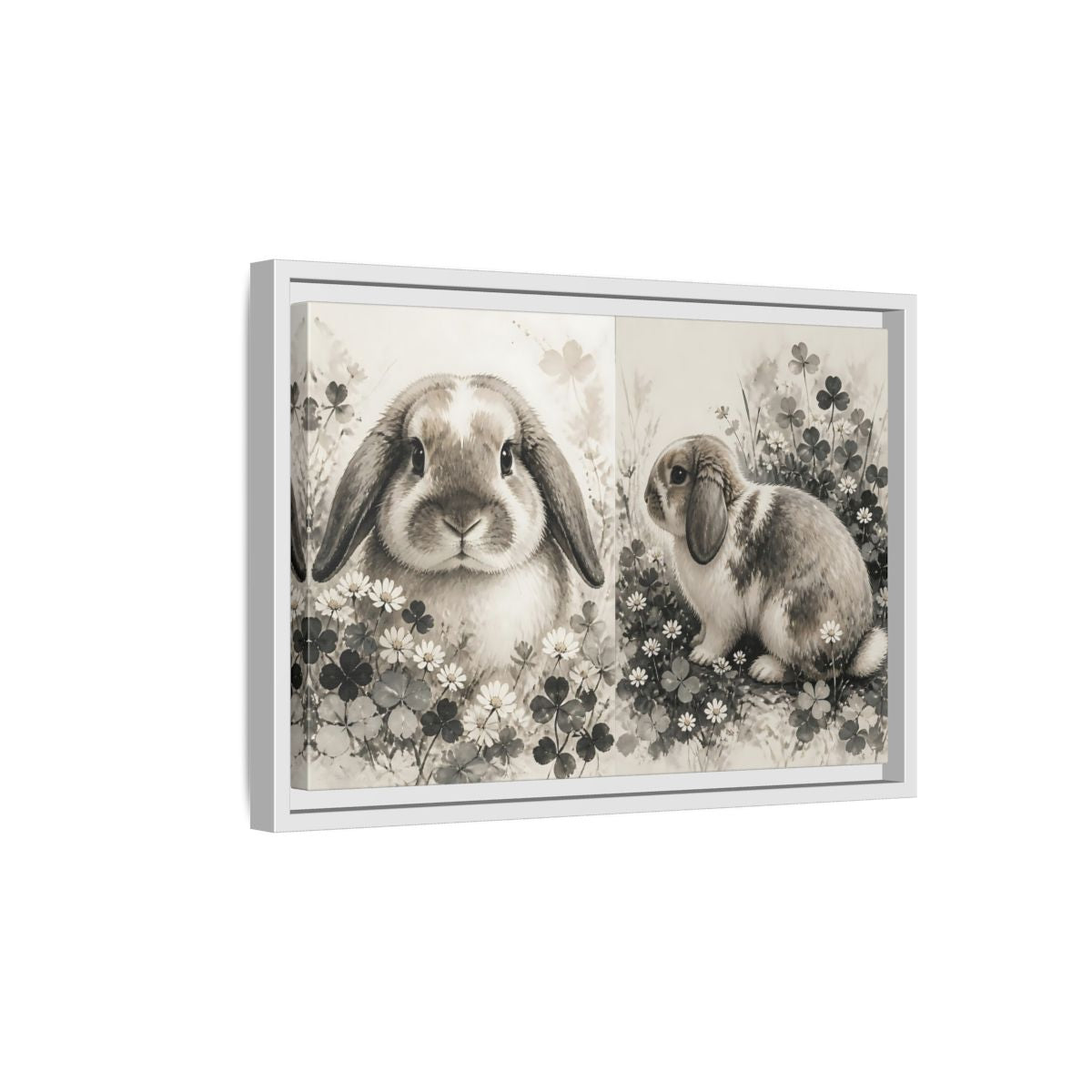 Side Mockup 4. Sepia Rabbit In Clover shown as framed canvas print