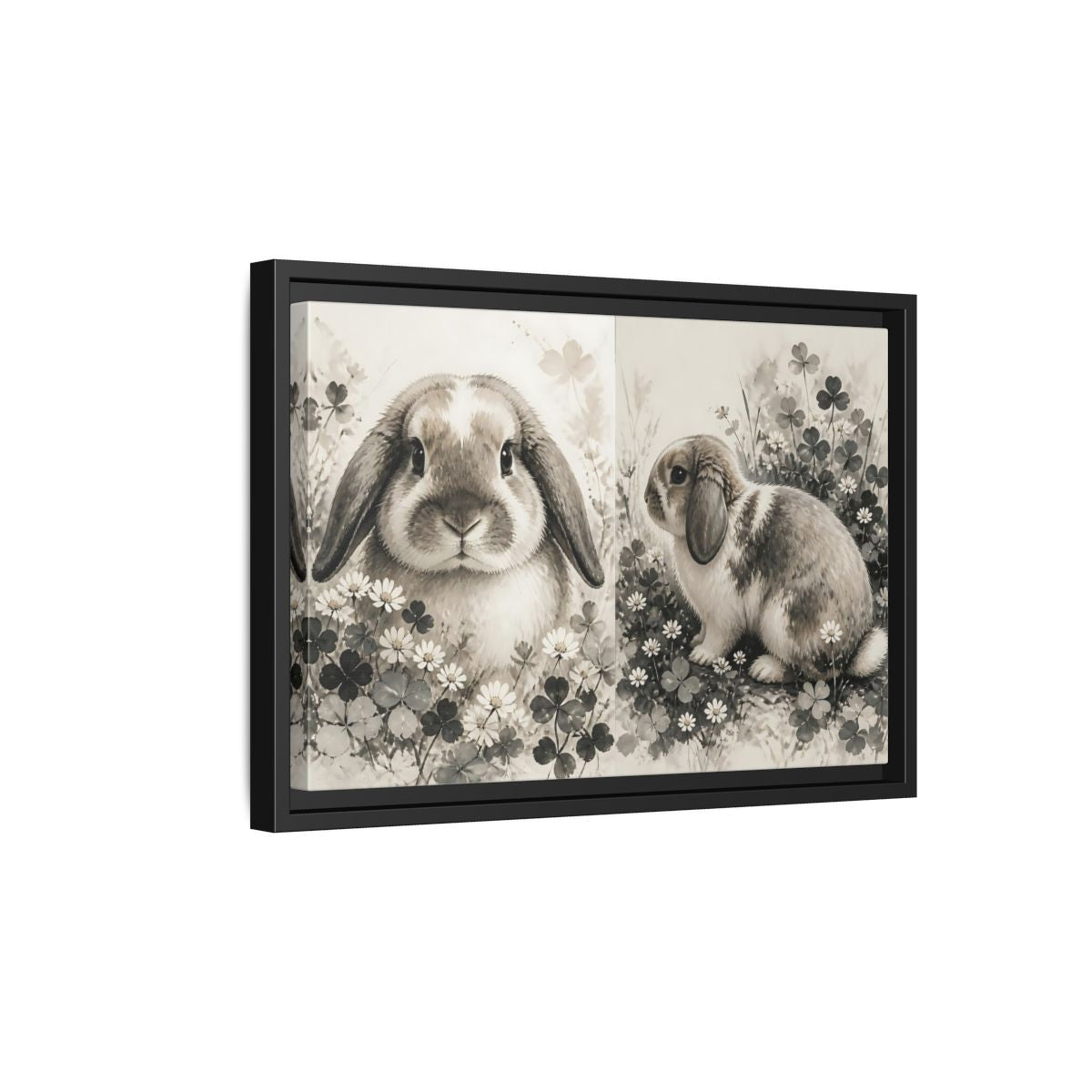 Side Mockup 6. Sepia Rabbit In Clover shown as framed canvas print