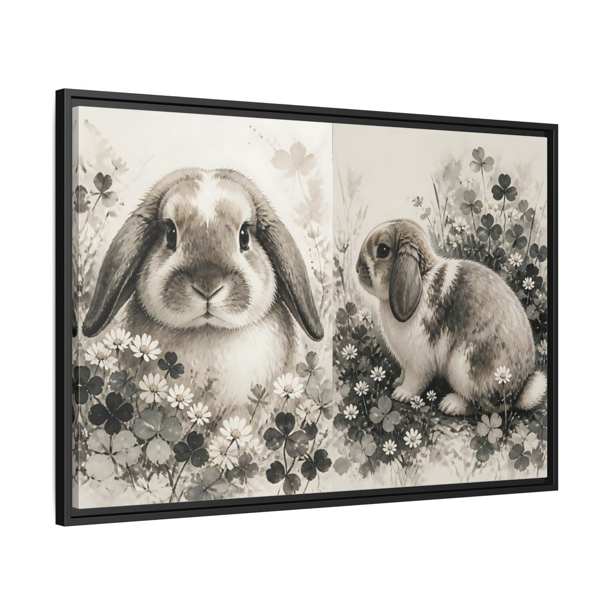 Side Mockup 13. Sepia Rabbit In Clover shown as framed canvas print