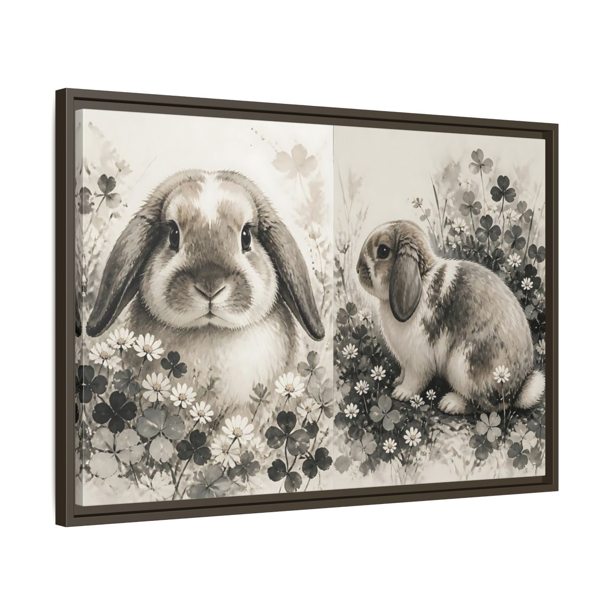 Side Mockup 11. Sepia Rabbit In Clover shown as framed canvas print