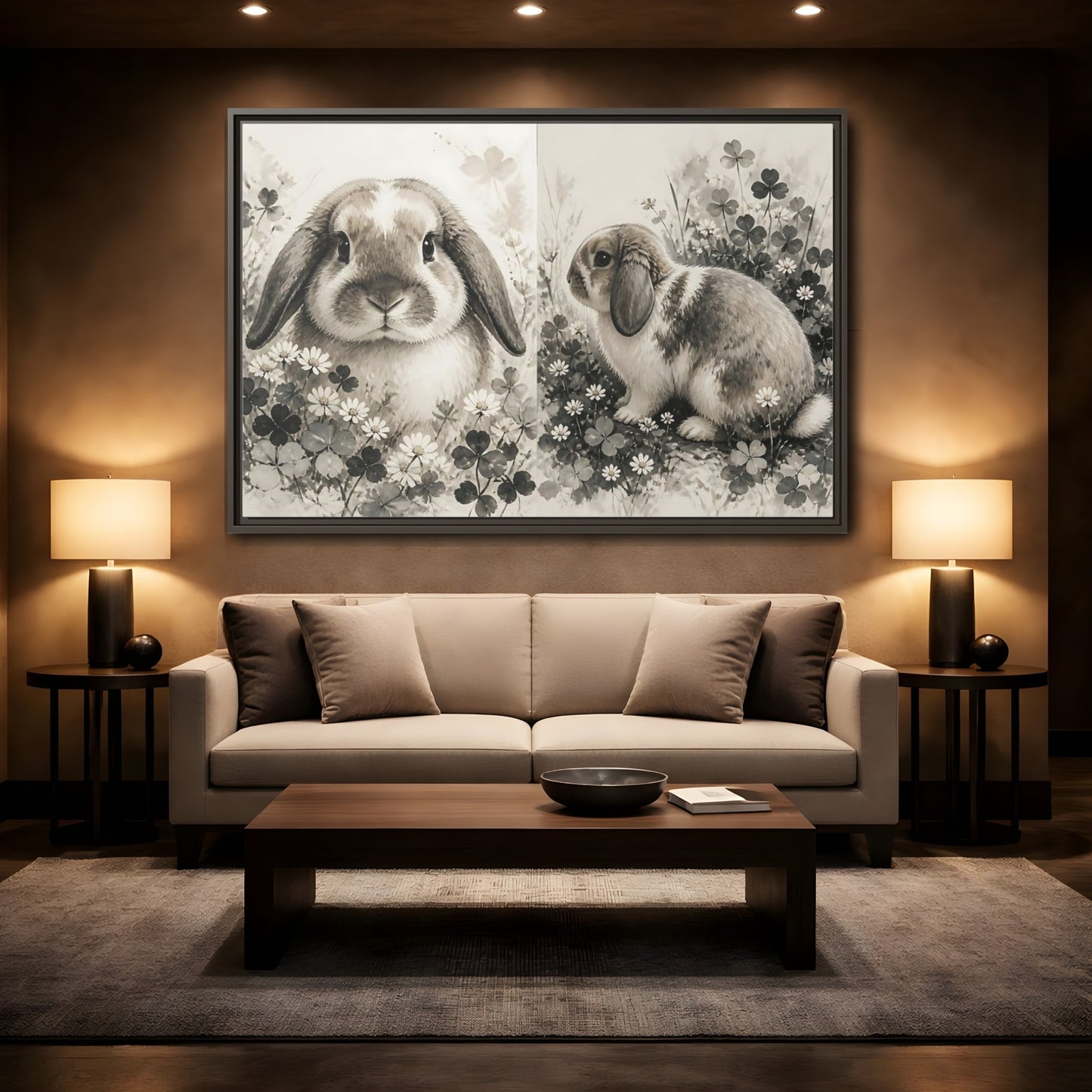 Mockup 2. Sepia Rabbit In Clover shown as framed canvas print