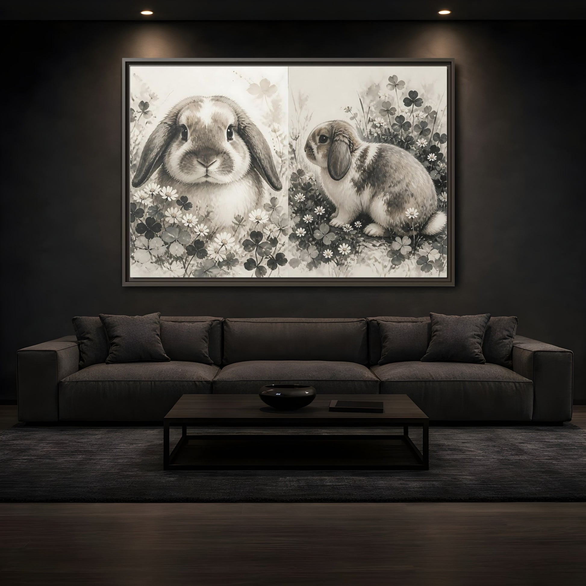 Mockup 3. Sepia Rabbit In Clover shown as framed canvas print