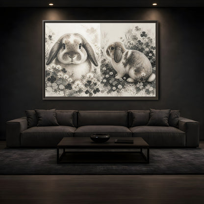 Mockup 3. Sepia Rabbit In Clover shown as framed canvas print
