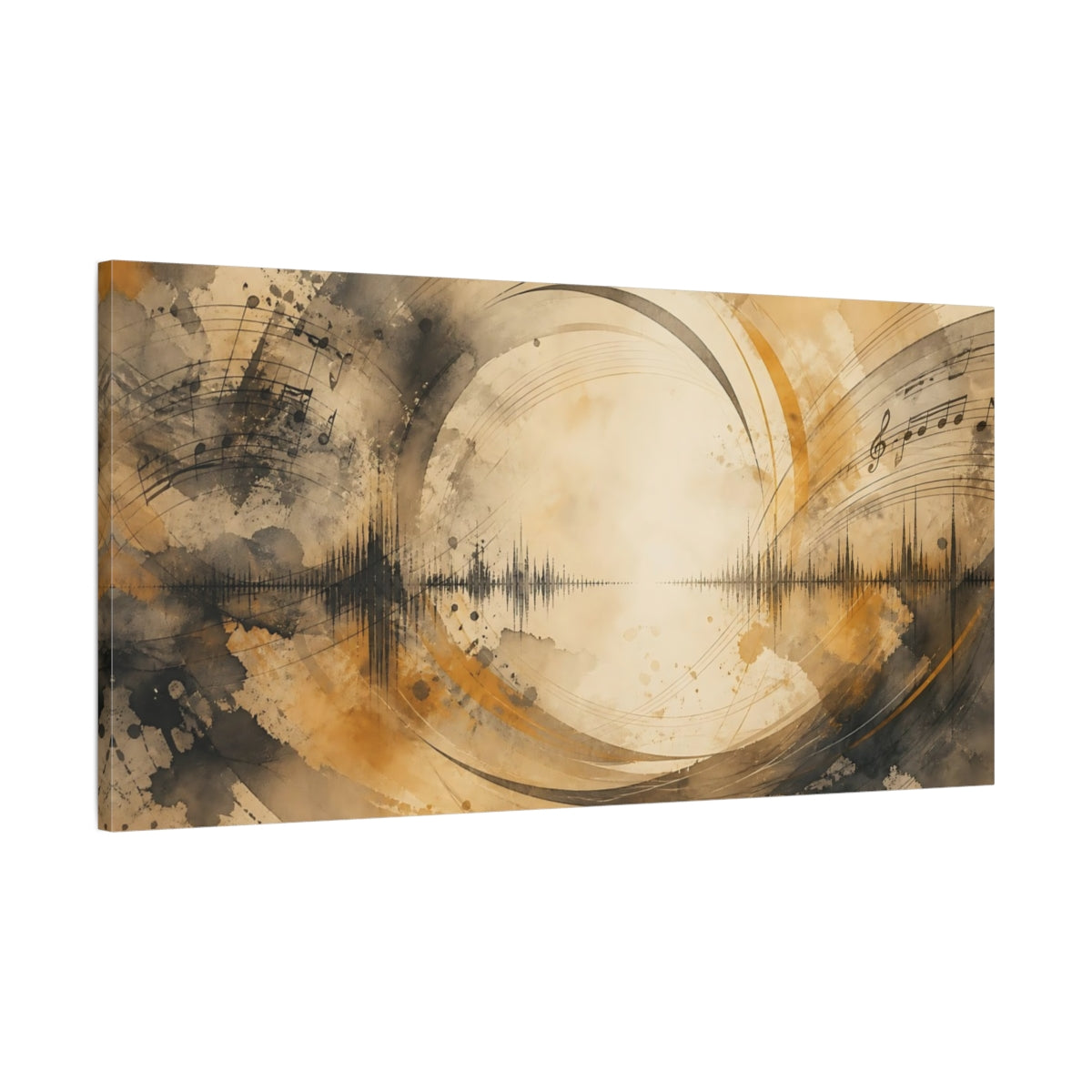 Main Mockup. Sepia Soundwave Symphony shown as canvas print