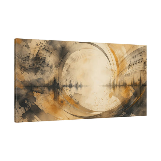Main Mockup. Sepia Soundwave Symphony shown as canvas print