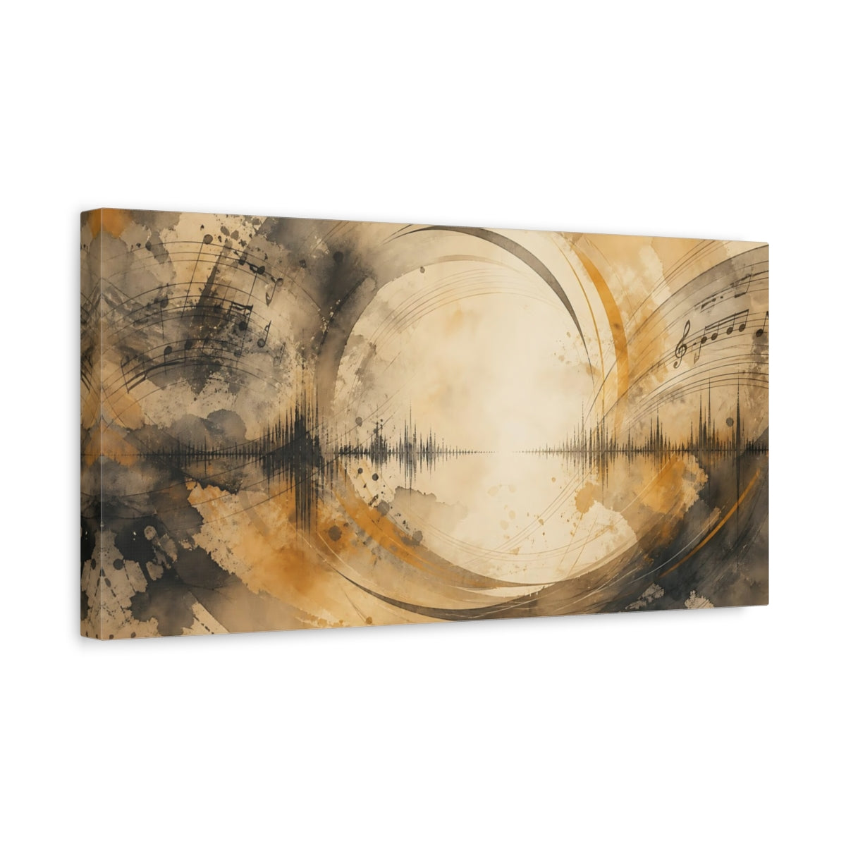 Side Mockup 3. Sepia Soundwave Symphony shown as canvas print