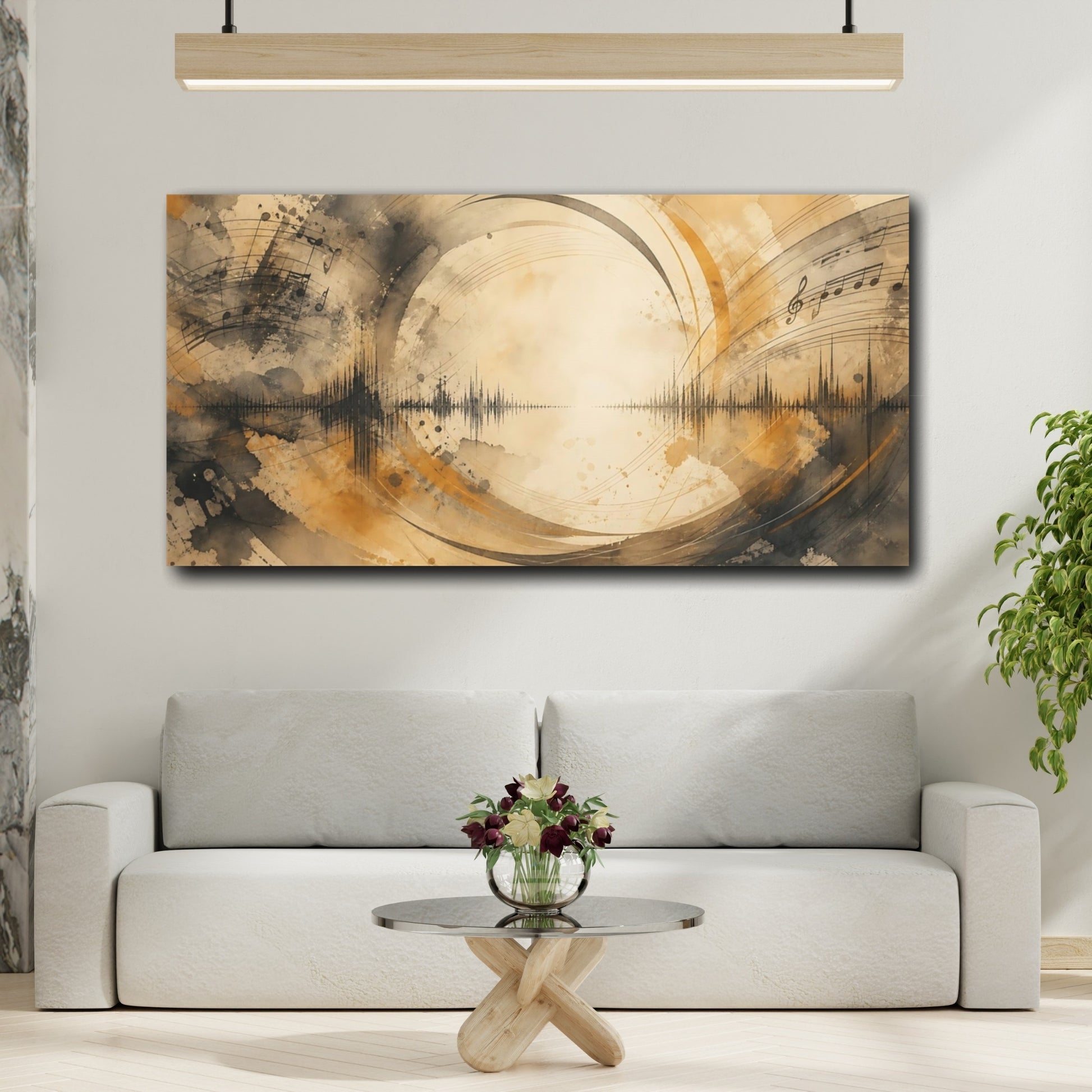 Mockup 2. Sepia Soundwave Symphony shown as canvas print