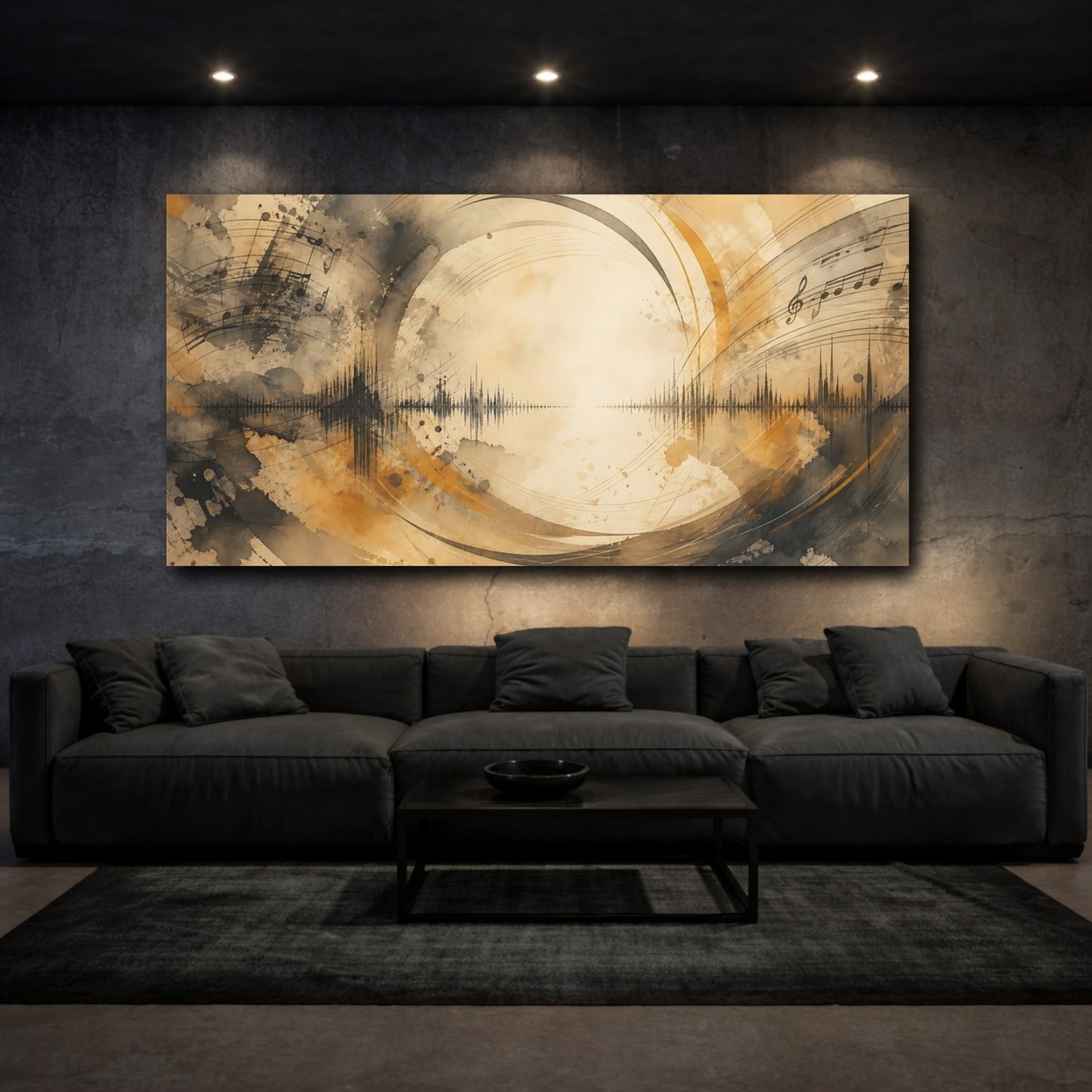 Mockup 3. Sepia Soundwave Symphony shown as canvas print
