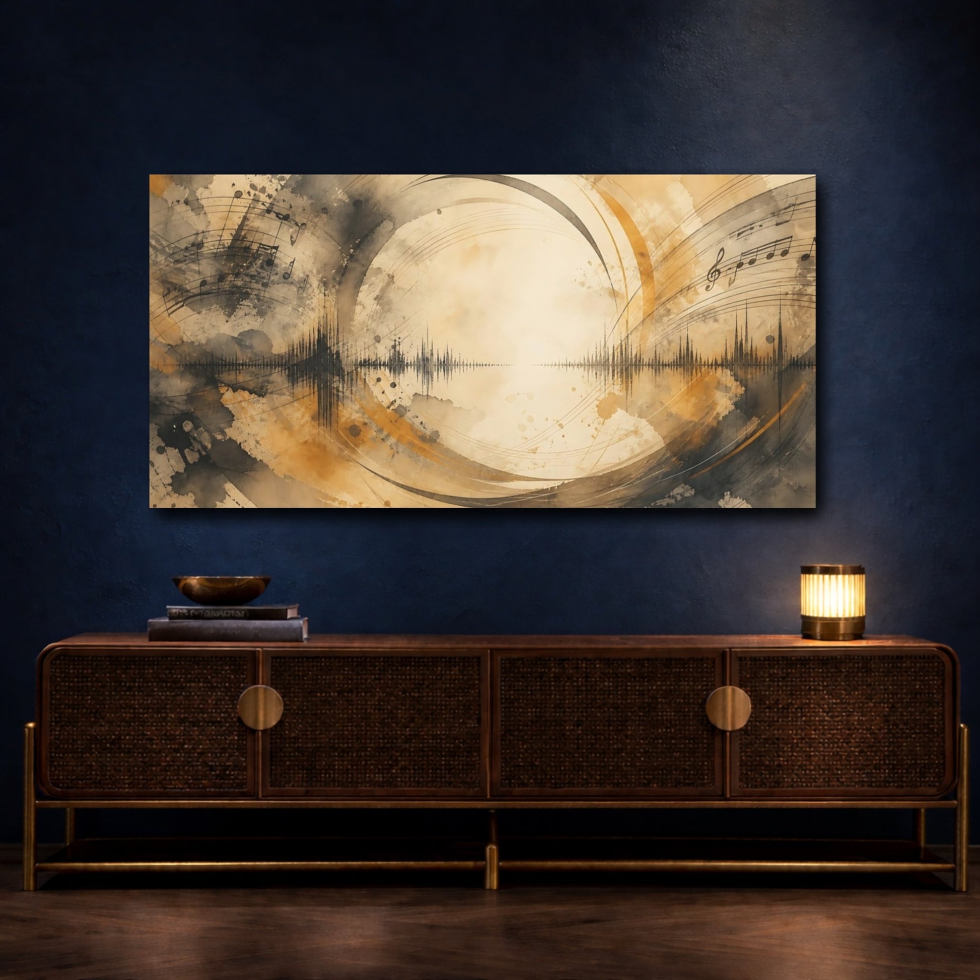 Mockup 4. Sepia Soundwave Symphony shown as canvas print