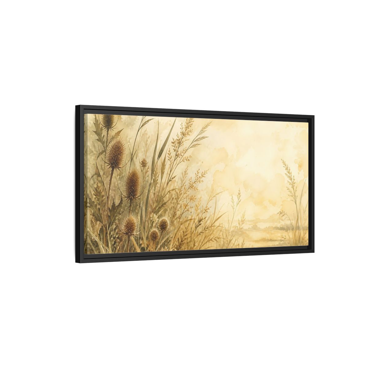 Side Mockup 2. Sepia Wild Grasses shown as framed canvas print