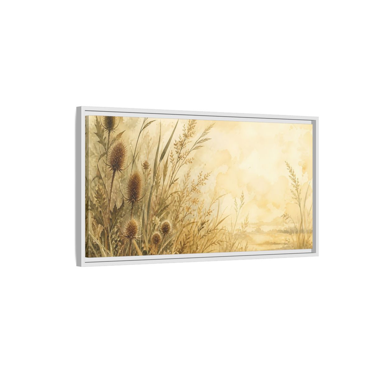 Side Mockup 1. Sepia Wild Grasses shown as framed canvas print