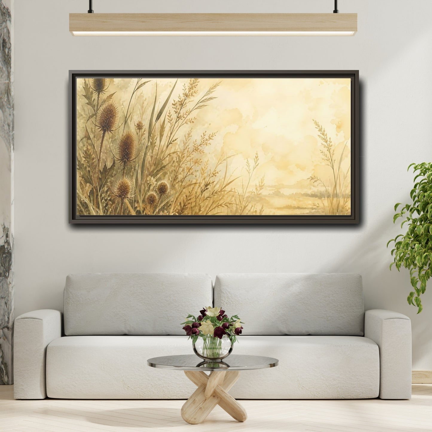 Mockup 2. Sepia Wild Grasses shown as framed canvas print