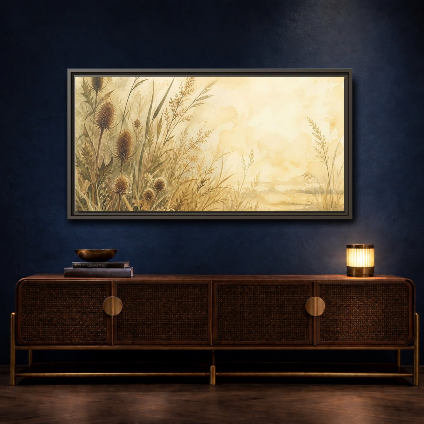 Mockup 4. Sepia Wild Grasses shown as framed canvas print