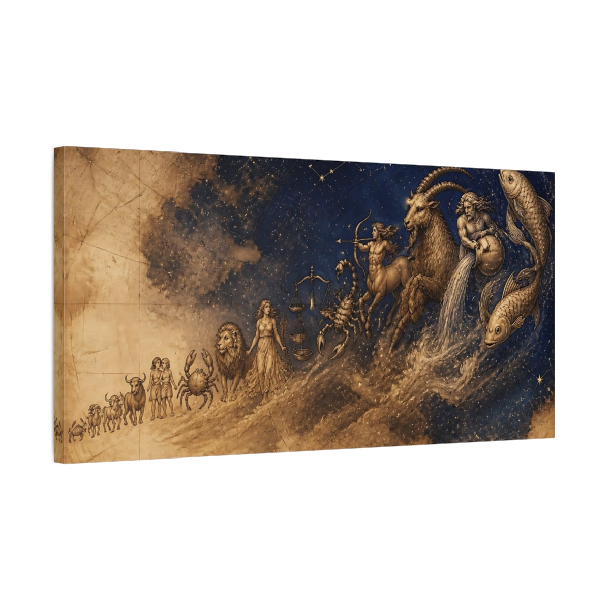 Side Mockup 1. Sepia Zodiac Parade shown as canvas print