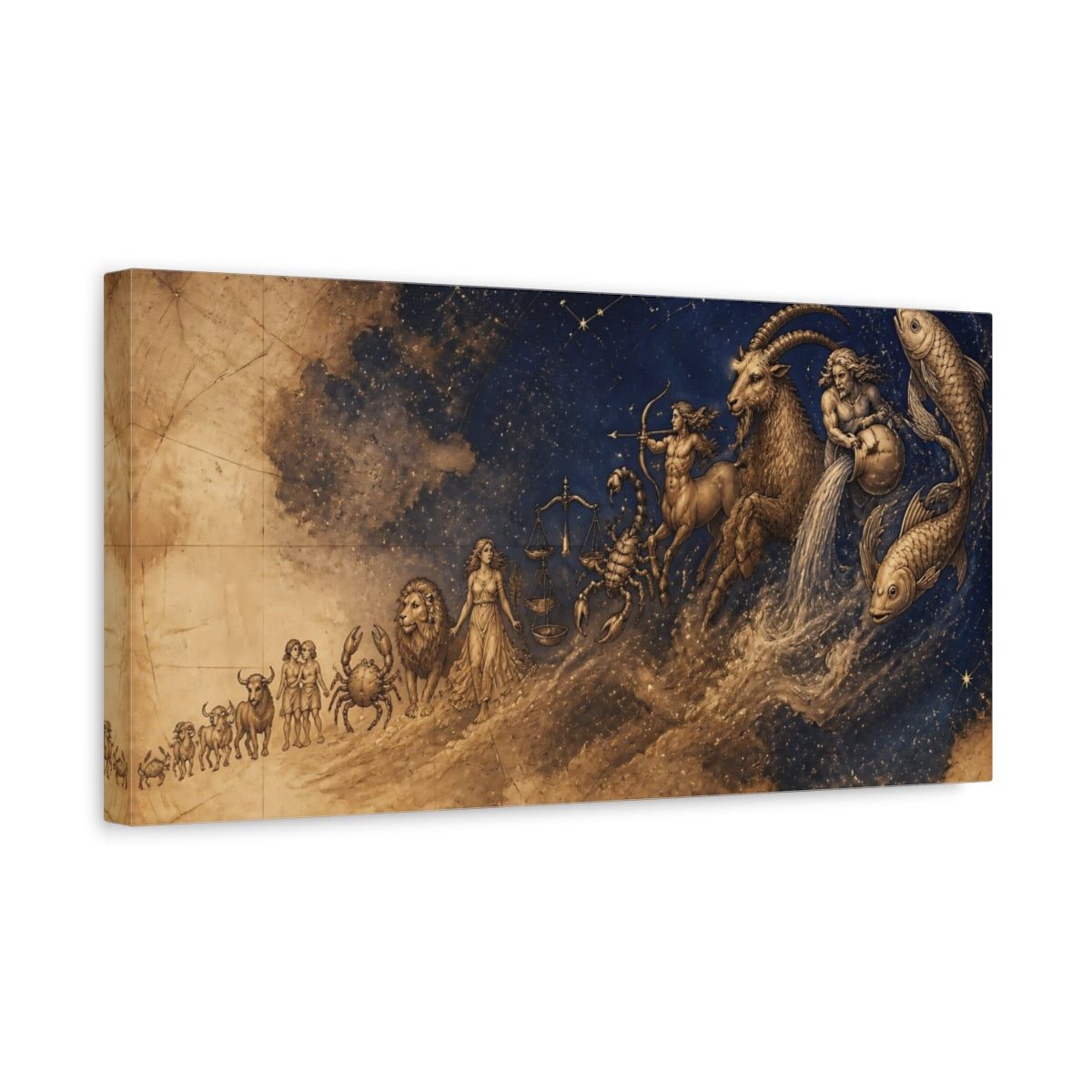 Side Mockup 3. Sepia Zodiac Parade shown as canvas print