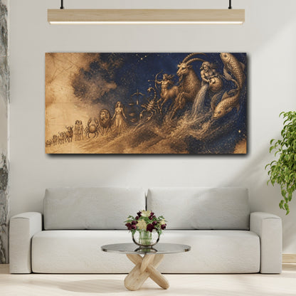 Mockup 2. Sepia Zodiac Parade shown as canvas print