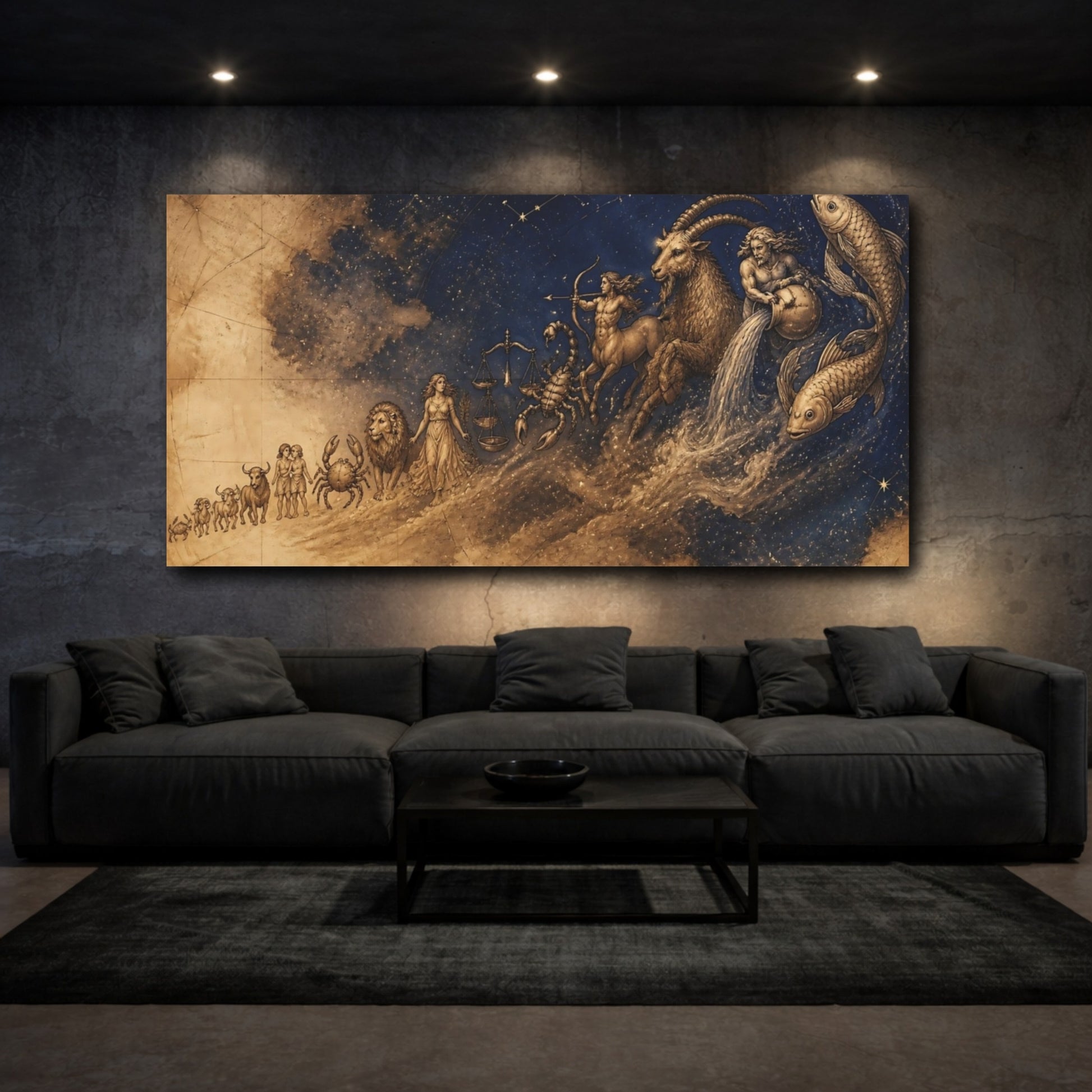 Mockup 3. Sepia Zodiac Parade shown as canvas print