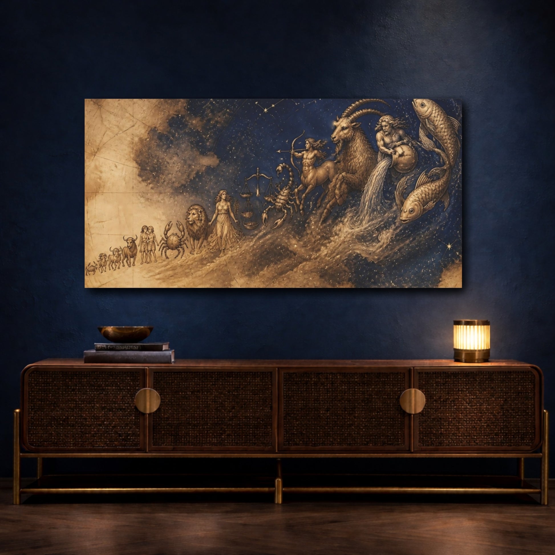Mockup 4. Sepia Zodiac Parade shown as canvas print