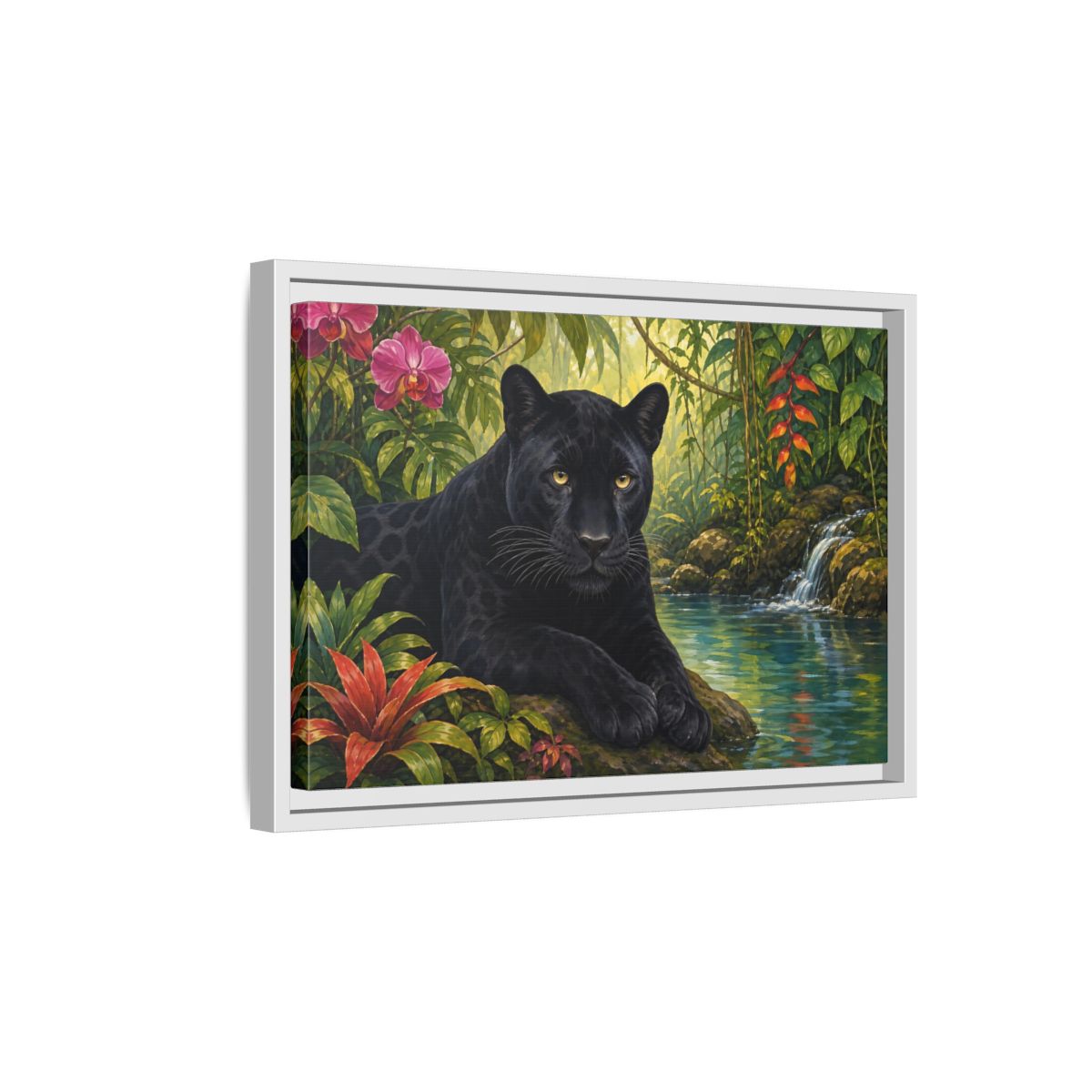 Side Mockup 4. Serene Black Panther Retreat shown as framed canvas print