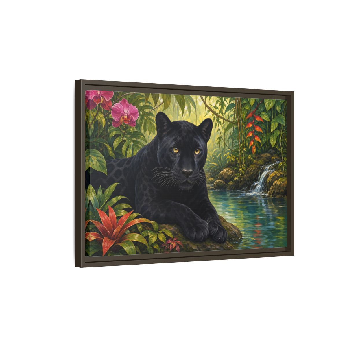 Side Mockup 2. Serene Black Panther Retreat shown as framed canvas print