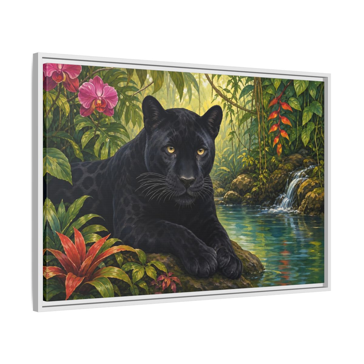 Side Mockup 9. Serene Black Panther Retreat shown as framed canvas print