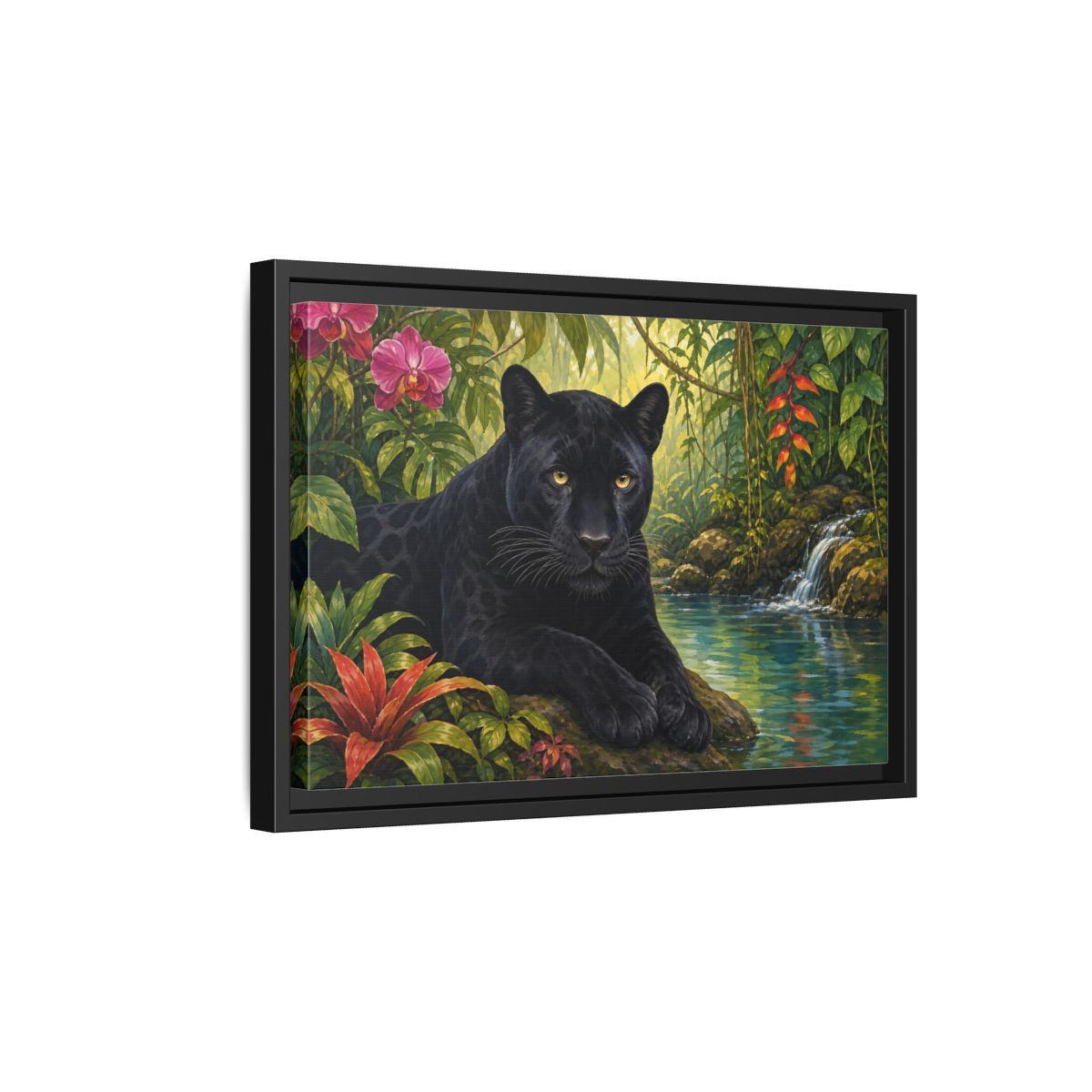 Side Mockup 6. Serene Black Panther Retreat shown as framed canvas print
