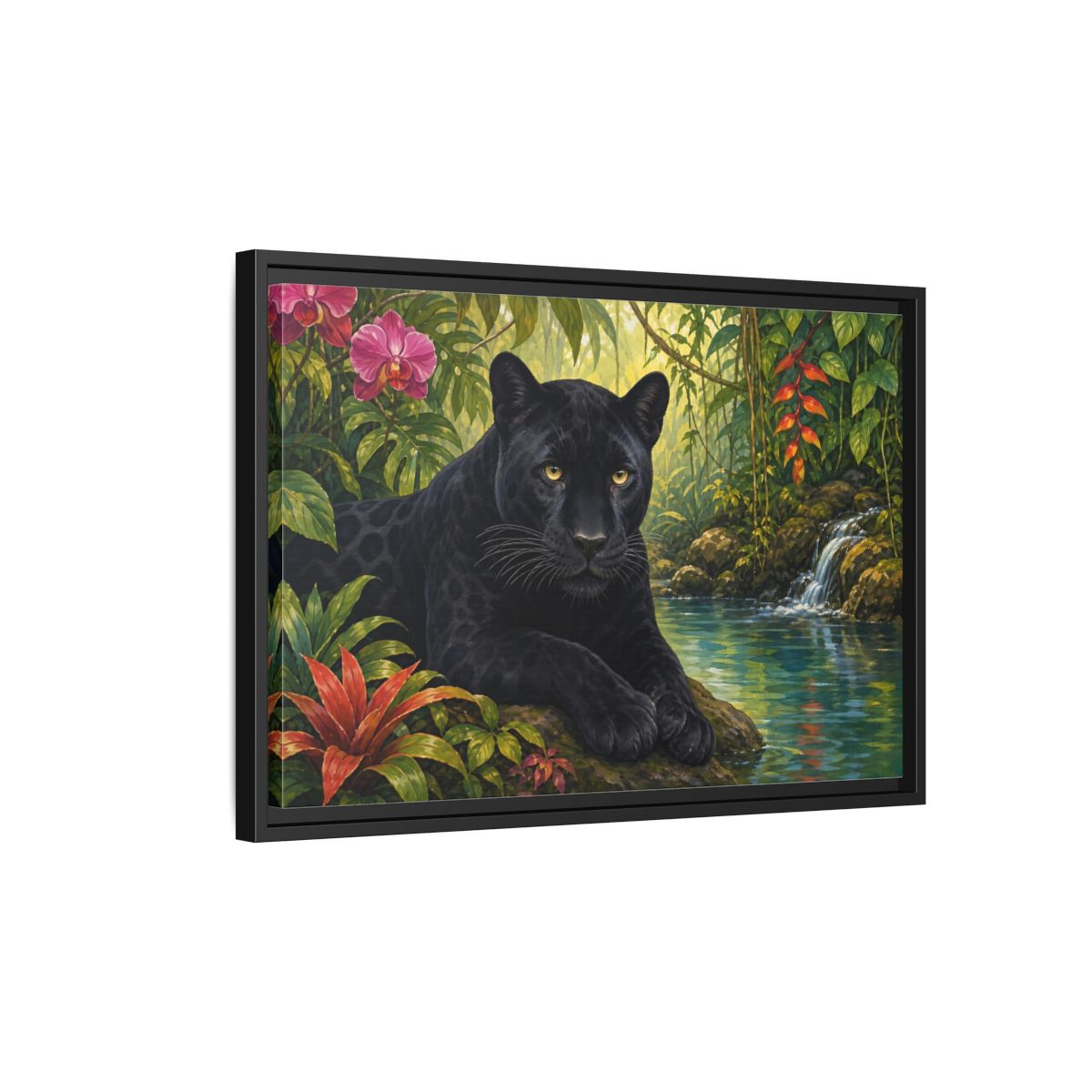 Side Mockup 3. Serene Black Panther Retreat shown as framed canvas print