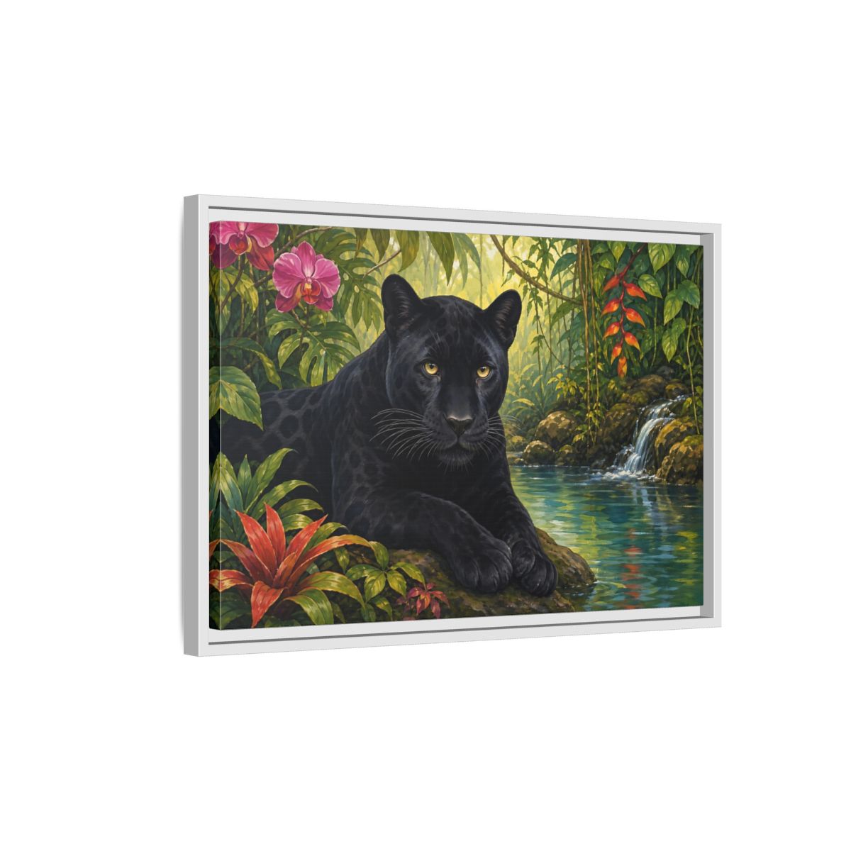 Side Mockup 1. Serene Black Panther Retreat shown as framed canvas print