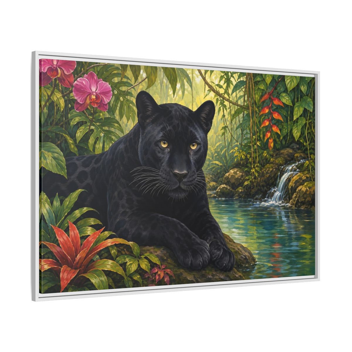 Side Mockup 7. Serene Black Panther Retreat shown as framed canvas print