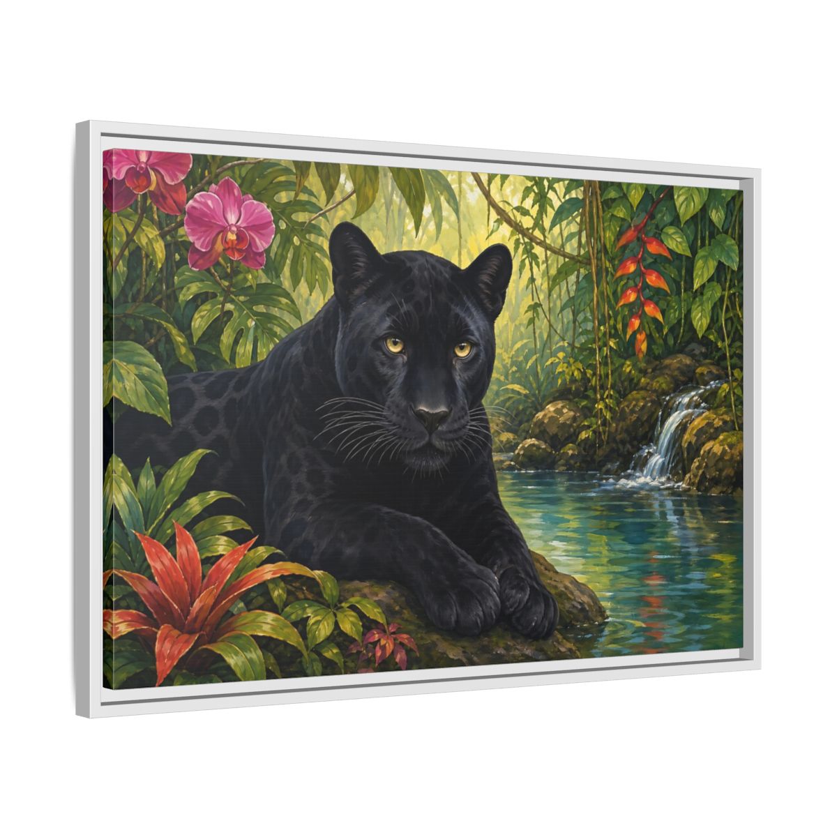 Side Mockup 10. Serene Black Panther Retreat shown as framed canvas print