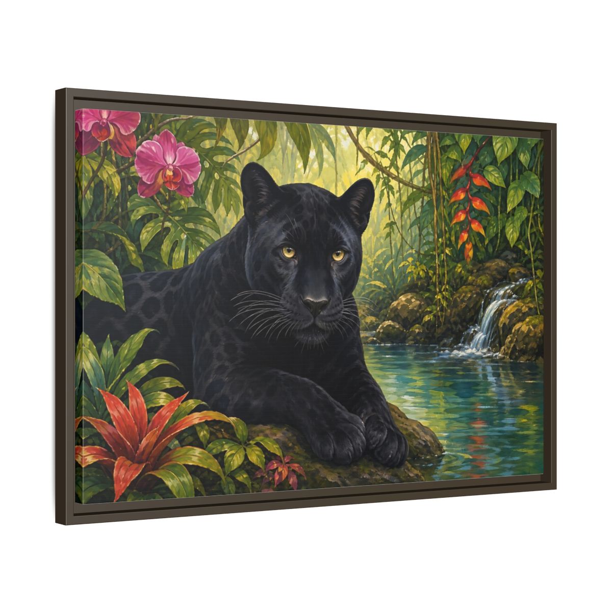 Side Mockup 11. Serene Black Panther Retreat shown as framed canvas print