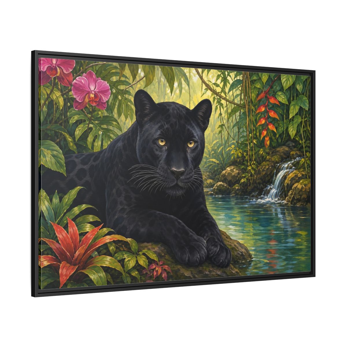Side Mockup 12. Serene Black Panther Retreat shown as framed canvas print