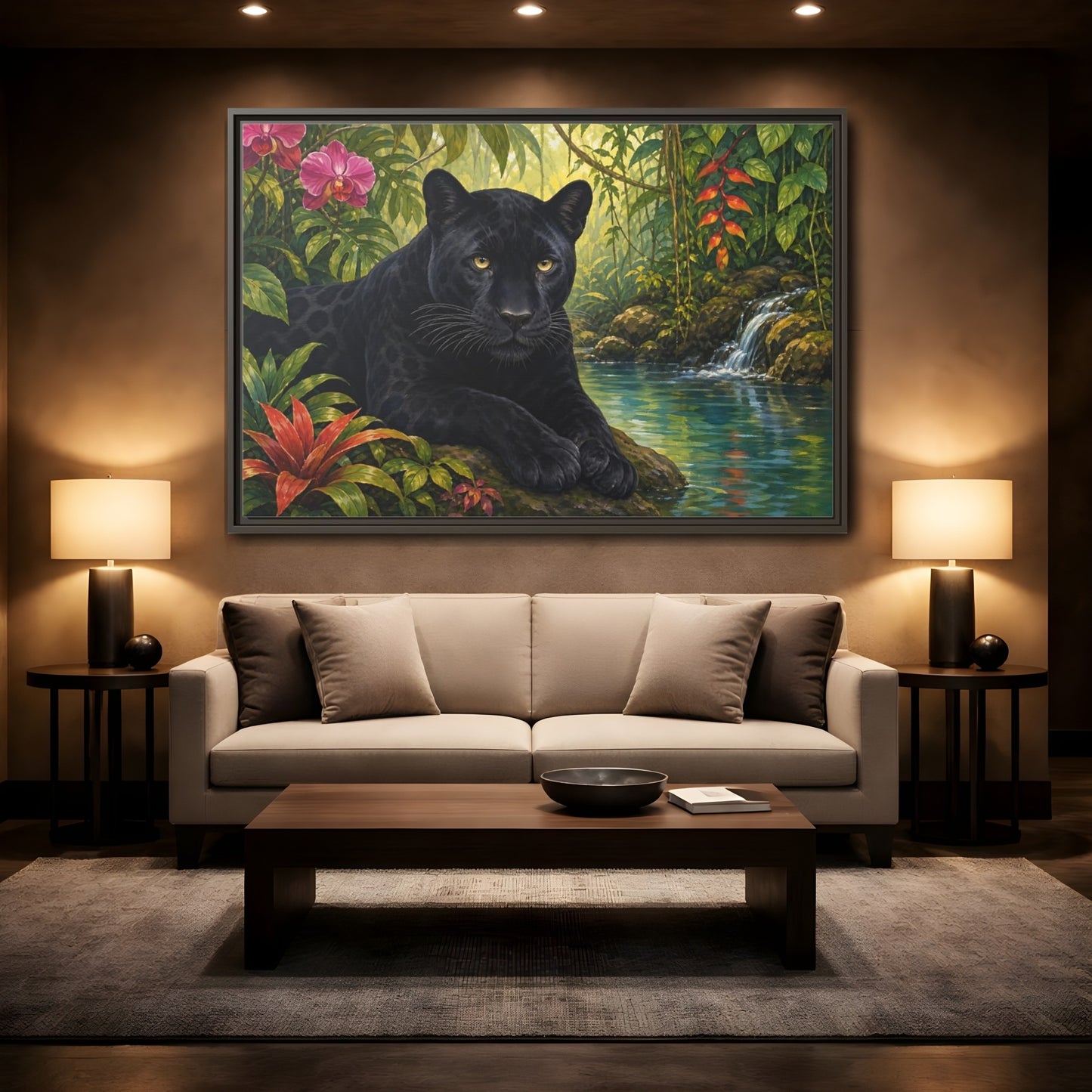 Mockup 2. Serene Black Panther Retreat shown as framed canvas print