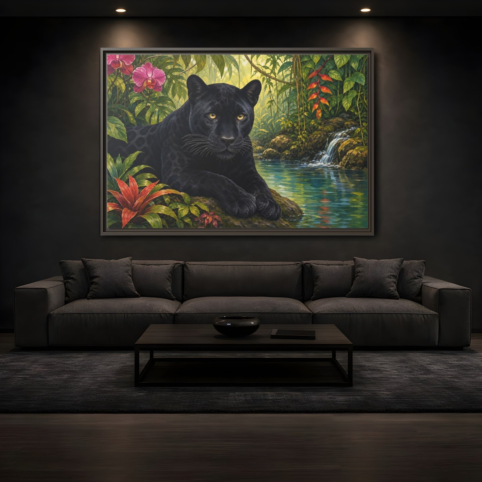 Mockup 3. Serene Black Panther Retreat shown as framed canvas print