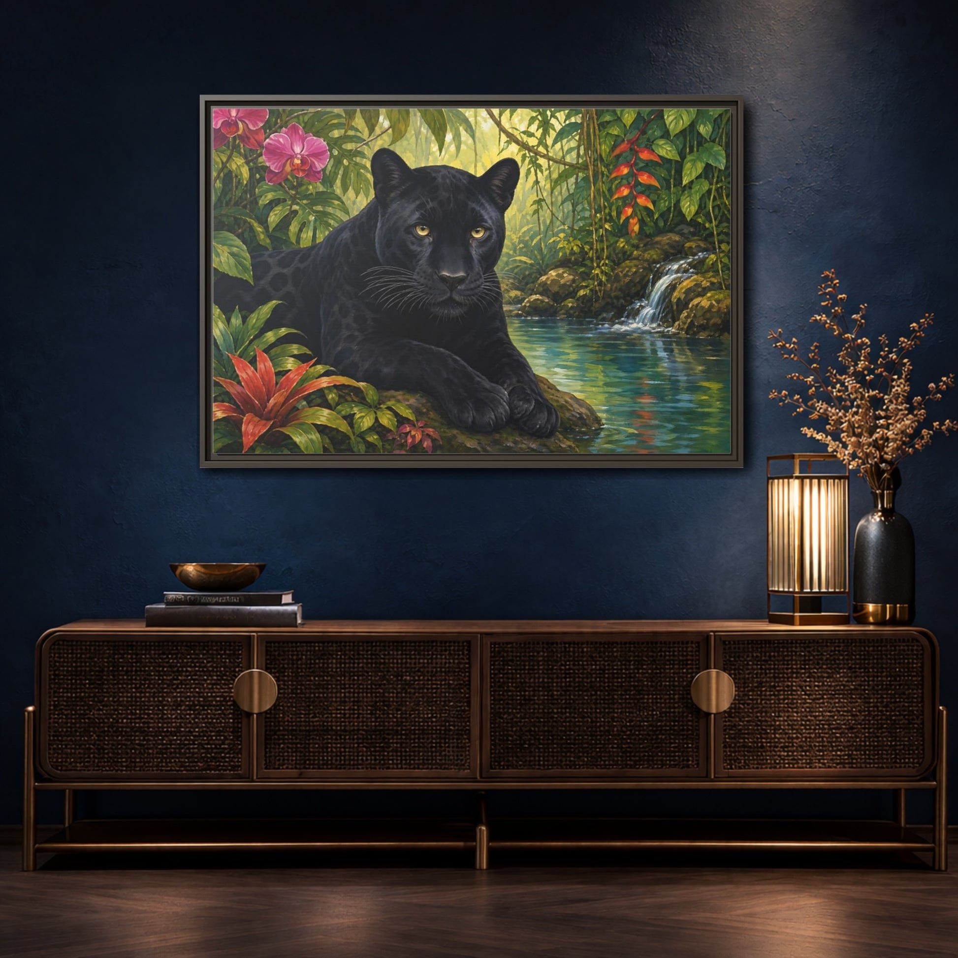 Mockup 4. Serene Black Panther Retreat shown as framed canvas print