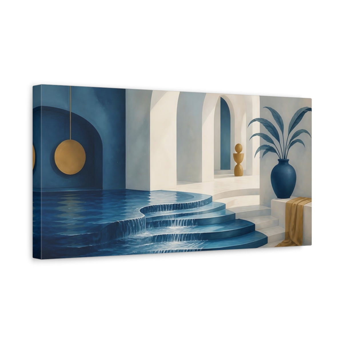 Side Mockup 3. Serene Blue Archway Pool shown as canvas print