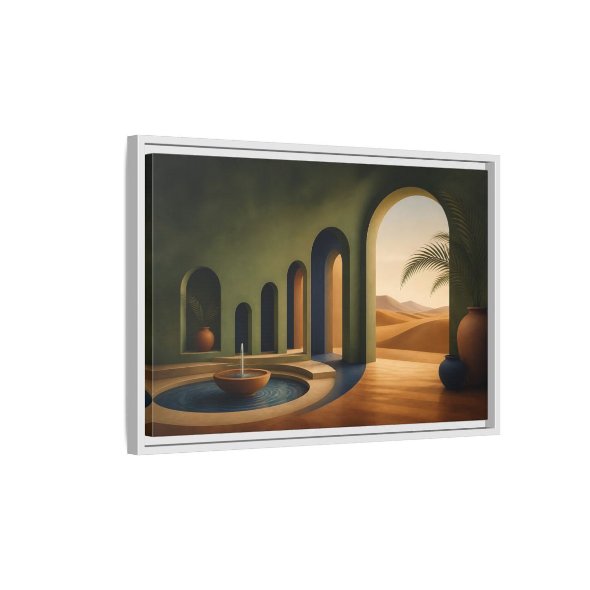 Side Mockup 1. Serene Desert Archway shown as framed canvas print