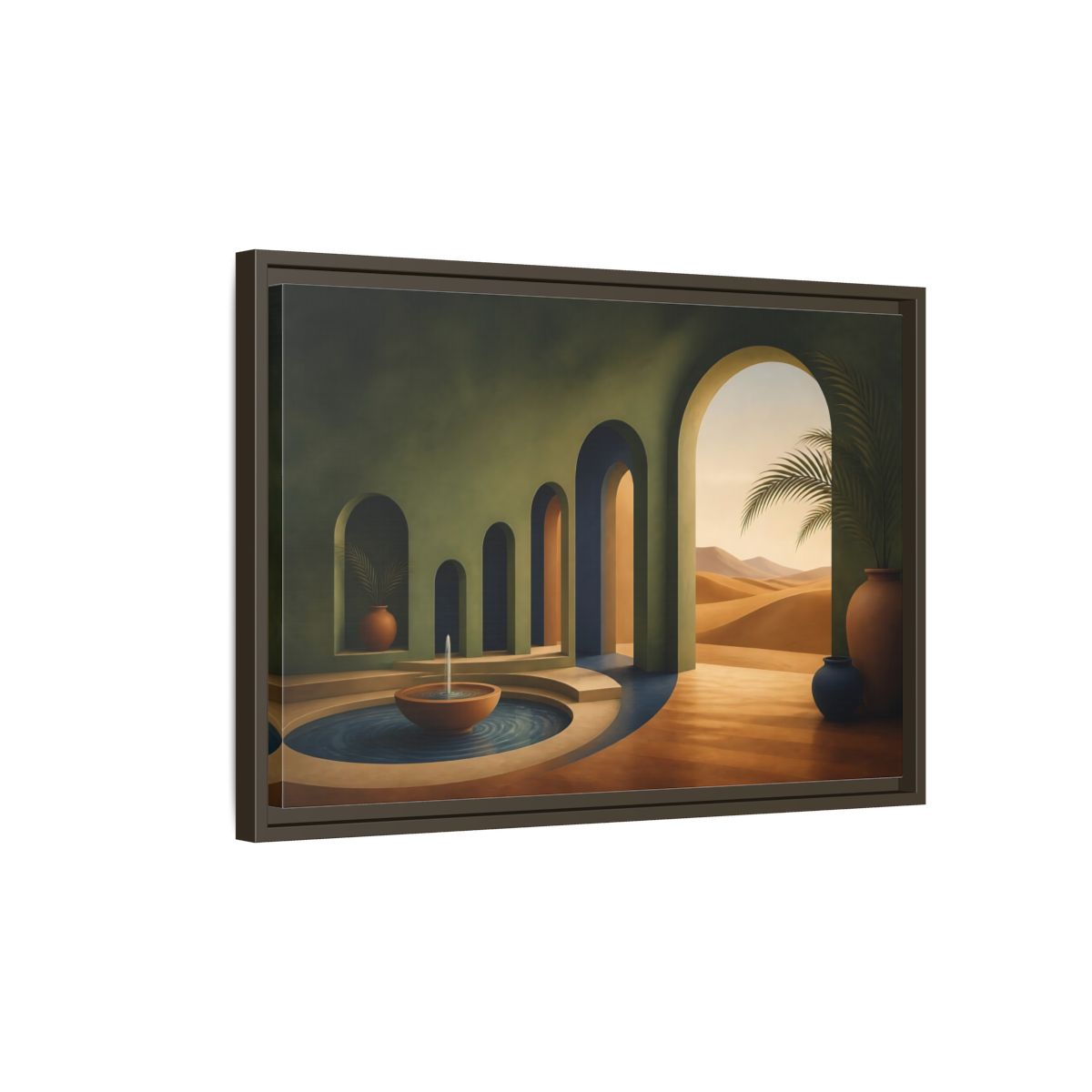 Side Mockup 2. Serene Desert Archway shown as framed canvas print